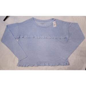LOFT NWT Light Blue & White Striped Ruffle Chest & Hem Top modal blend Med